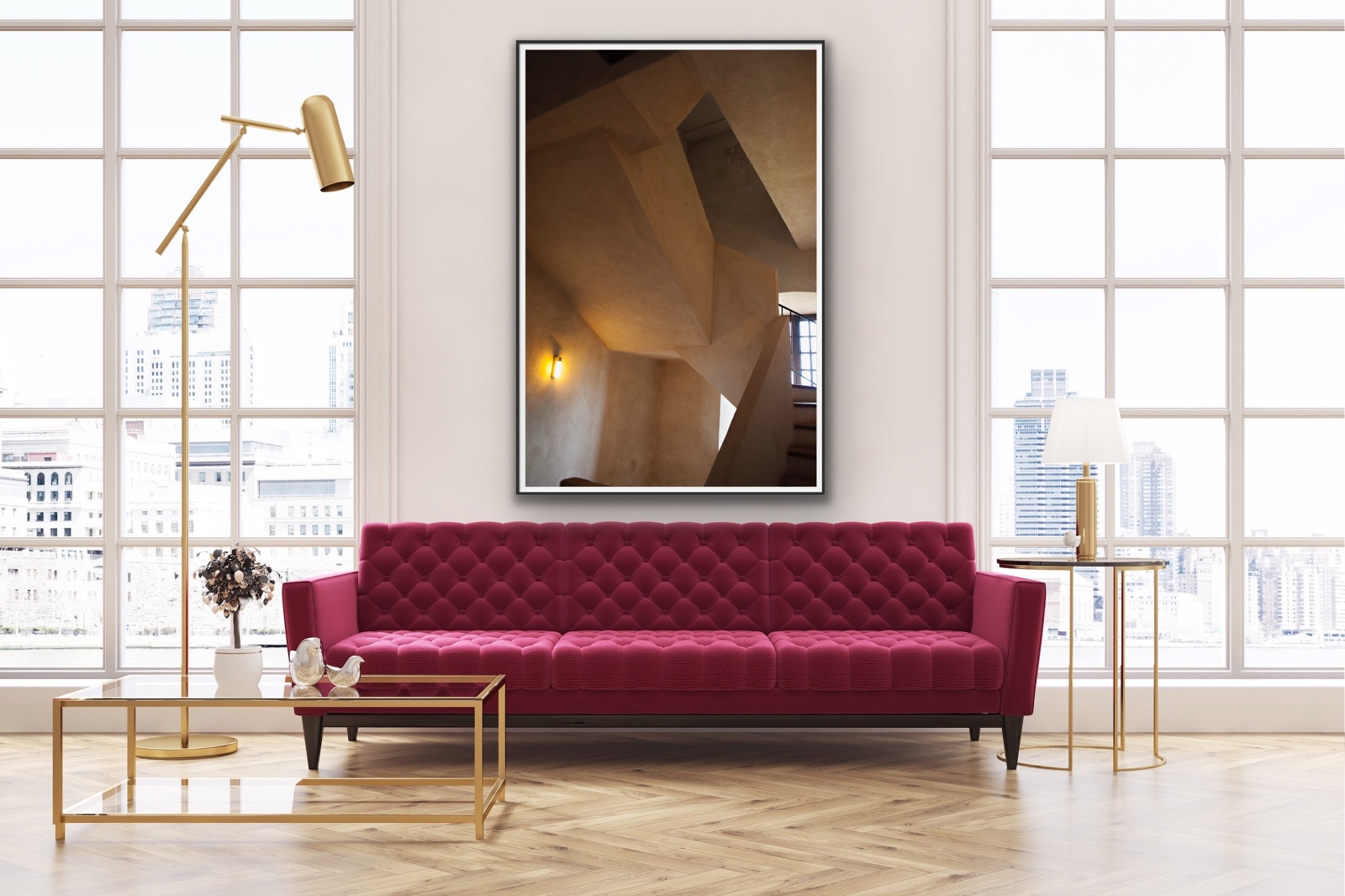 old prison stairway France large fine art print hanging above living room couch