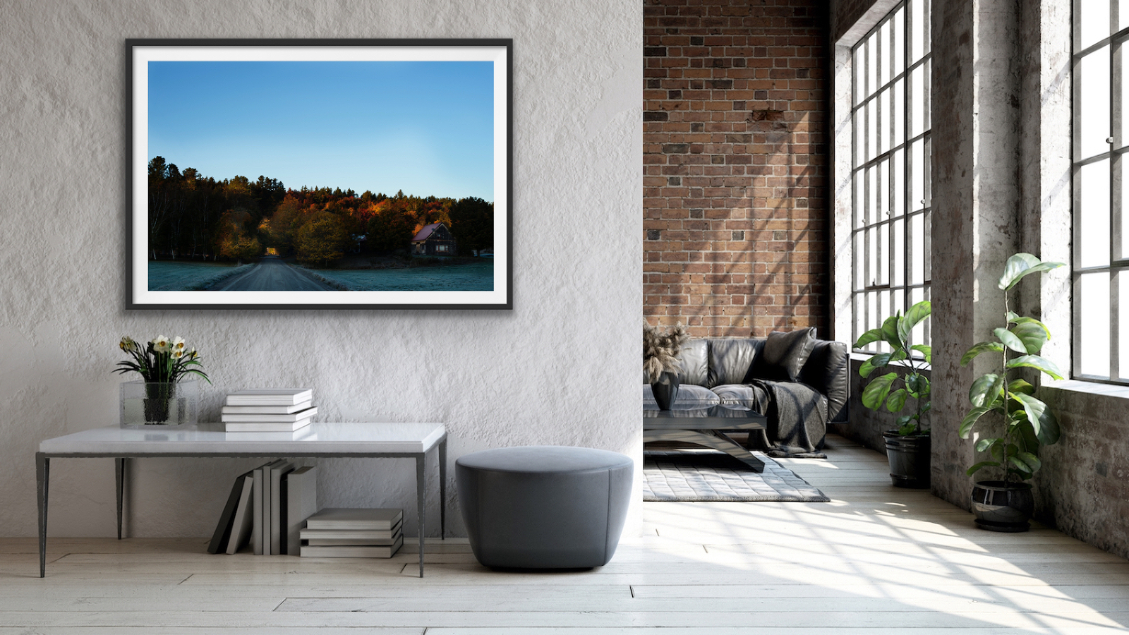 vermont landscape fine art print hanging in industrial style living room